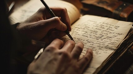 Close up male hand writing down letters on a piece of diary recording a journal or diary entry or writing a novel.  - obrazy, fototapety, plakaty