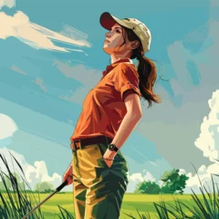 Gordijnen Illustration of a female caddy working on a golf cours © Vector
