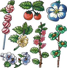 Botanical Candies and Flowers Illustration: A whimsical collection of candy-inspired floral designs, including lollipops and various blossoms
