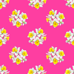 Watercolour daffodils spring flowers decor illustration seamless pattern. On pink background. Seasonal. Hand-painted. Botanical Floral elements. For interior print decoration, fabric, wrapping. 