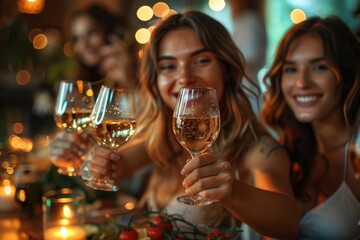 A group of friends raising glasses in a cheers at a festive dinner party atmosphere
