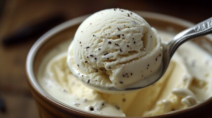 Vanilla ice cream in a bowl on wooden background