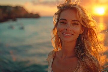 A joyful woman with freckles smiling as the sun sets over the ocean, with a serene seascape backdrop - obrazy, fototapety, plakaty
