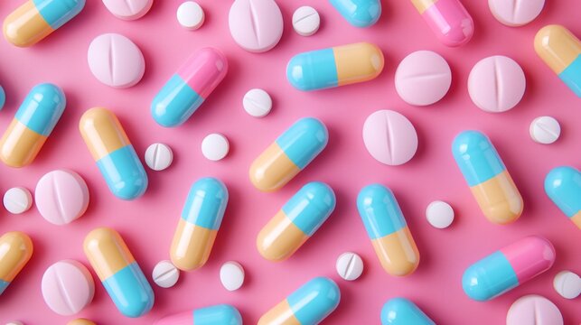 Colorful pills and capsules on colorful background. Top and side view, flat lay