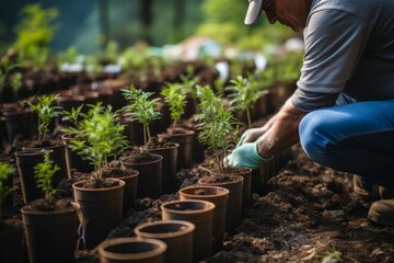 Fototapeta premium Reforestation efforts. foresters planting young trees for environmental conservation