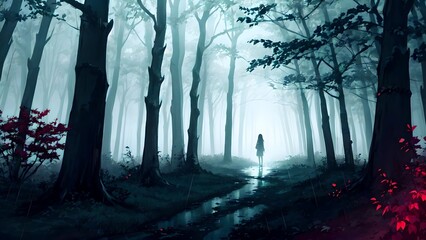 Sad anime girl against the background of the forest, fog, illustration, anime background