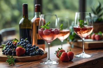 Fotobehang An inviting array of rosé wine with surrounding fresh berries and grapes, perfect for an elegant summer evening © svastix