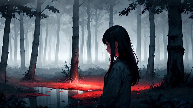 Sad anime girl against the background of the forest, fog, illustration, background