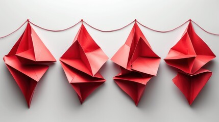 Origami Art Display, Red Paper Sculptures on Wall, Creative Decoration with Folded Papers, Aesthetically Pleasing Origami Arrangement.