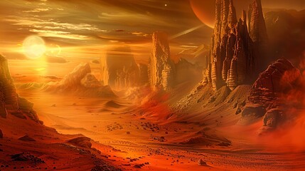 Majestic alien landscape under a warm sunset, depicting a sci-fi world. ideal for backgrounds and concept art. surreal and captivating. AI - obrazy, fototapety, plakaty
