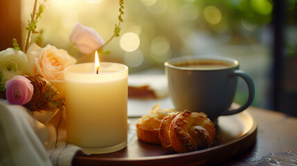 Fototapeta na wymiar Morning Serenity with Aromatic Candle and Fresh Coffee