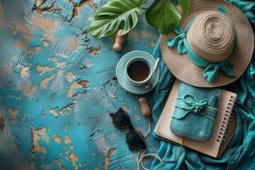 A top view of travel essentials like hat, book, and cup of tea on a rustic blue background, portraying an idea of adventure and leisure