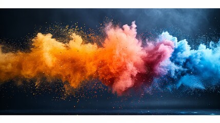 The explosion of colored powder on a white background. Clouds of colored dust exploding. An explosion of color during Holi.