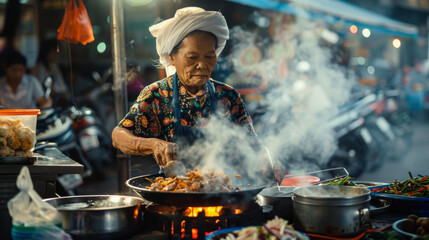 An elderly woman cooks food in a bustling street market, surrounded by smoke and activity