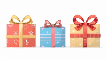 Gift boxes, presents with ribbon isolated on white. Vector colorful wrapped in flat style. Concept for Birthday, Christmas, Sale, shopping. 