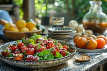 Fototapeta na wymiar A vibrant and fresh display of strawberries on a rustic plate, surrounded by herbs and other fruits on a table