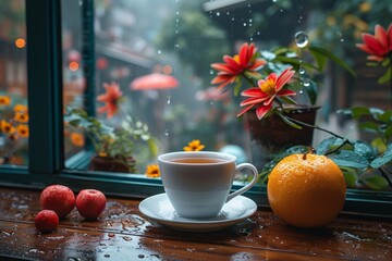 A cozy setting with a steaming cup of tea surrounded by fresh fruit on a wooden ledge by a rainy window - obrazy, fototapety, plakaty