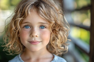 An engaging portrait of a young girl with curly hair and freckles, radiating innocence and happiness - obrazy, fototapety, plakaty