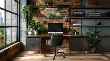 Modern home office interior with stylish desk setup and natural light. trendy urban workspace design. cozy and clean look with greenery. flexible workspace for creatives. AI
