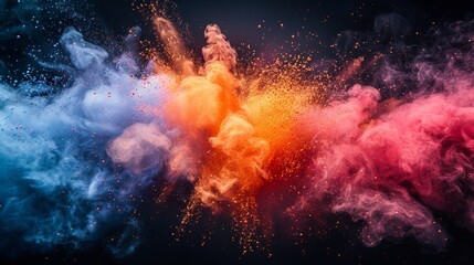 An explosion of colored powder on a black background freezes in motion.