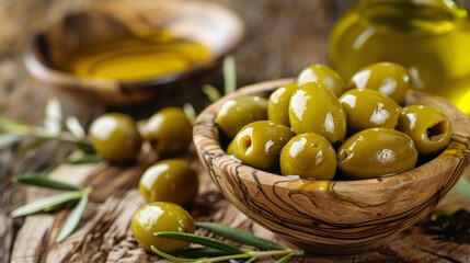 Green marinated olives, olive oil on a wooden table  - obrazy, fototapety, plakaty