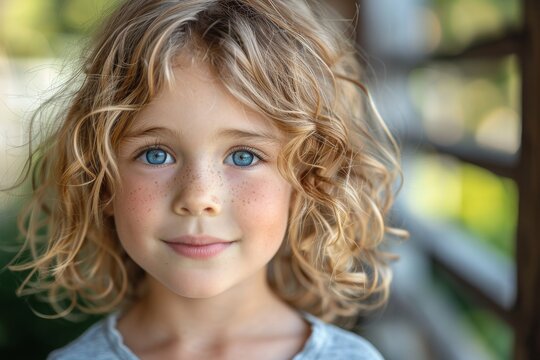 An engaging portrait of a young girl with curly hair and freckles, radiating innocence and happiness