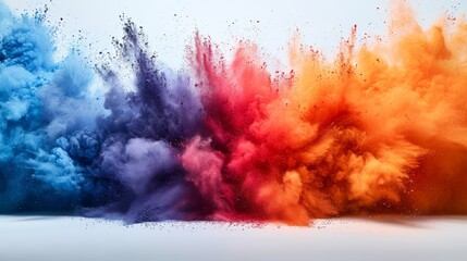 A white background is dominated by an explosion of colored powder.