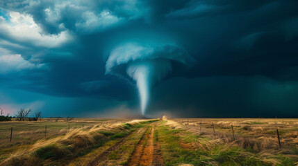 A vivid, powerful tornado descends from a turbulent sky onto tranquil farmland, symbolizing nature's uncontrollable forces