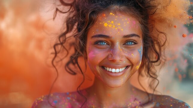 Young woman laughing as dry color powder fills the air around her