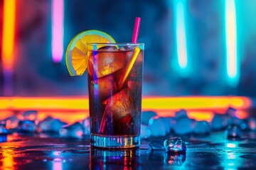 Cuba Libre or Long Island Iced Tea Cocktail on Neon Background, Beach Party Coctail, Summer Bar Drink
