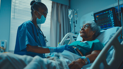 A compassionate healthcare scene depicting a nurse attending a patient in a critical care unit, emphasizing the importance of medical professionals