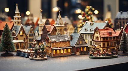 Miniature houses on Christmas market. Christmas and New Year decoration.