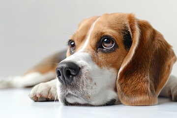 Beagle dog lies down isolated on a white background, gazing with a gentle expression. Beagle dog studio lighting concept.