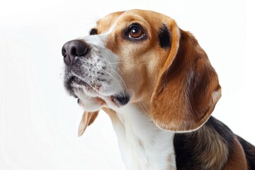 Beagle dog lies down isolated on a white background, gazing with a gentle expression. Beagle dog studio lighting concept.