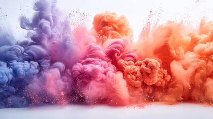 On a white background, a freeze motion of colored powder explosions is shown