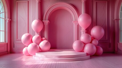 Minimal abstract scene with podium and love shapes on pink background.