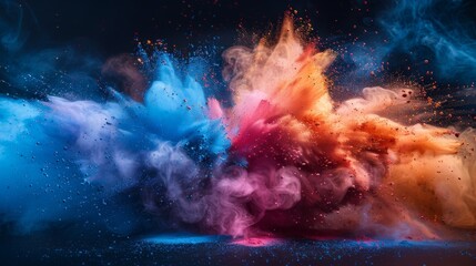 Paint holi explosion with colored powder. Abstract closeup dust on a backdrop. - obrazy, fototapety, plakaty