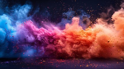 Colorful rainbow holi paint color powder explosion on dark black background. Beautiful retro gaming party concept.