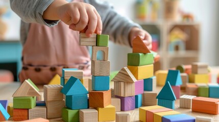 Playing with wooden toy blocks in kindergarten or preschool  - obrazy, fototapety, plakaty