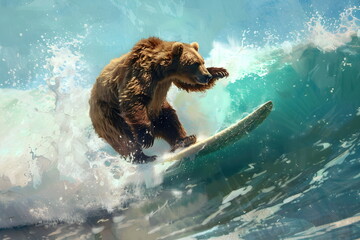 A grizzly bear literally surfing on water