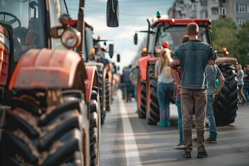 A row of tractors blocking the road due to protests - obrazy, fototapety, plakaty