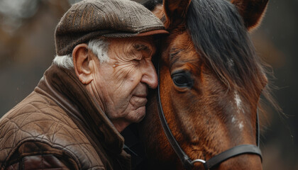 Black Horse next to an old man. Emotions of communication with a horse.