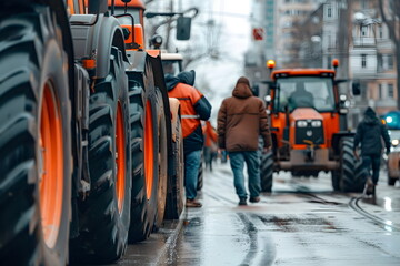 A row of tractors blocking the road due to protests - obrazy, fototapety, plakaty