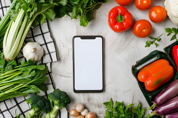 A blank mobile phone screen surrounded by vegetables on a kitchen counter - obrazy, fototapety, plakaty
