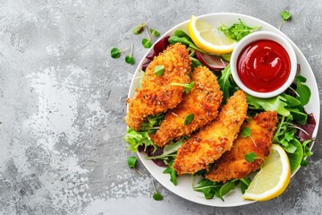 Crispy panko breaded fried chicken fillet with green salad and lemon cut on plate on gray rustic concrete background table with ketchup from above. 