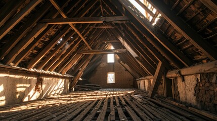 Abandoned Loft: Sunlight Peeks Through Dusty Attic of Old House - obrazy, fototapety, plakaty