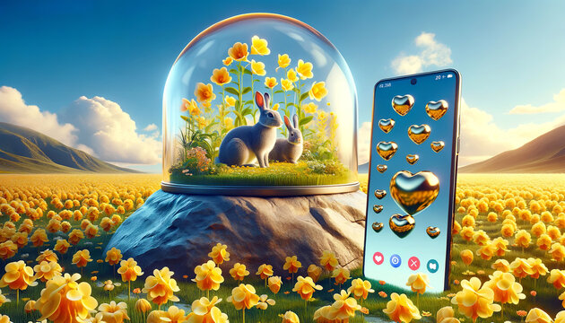 A whimsical image of two rabbits under a glass dome surrounded by yellow flowers, with a smartphone to the side displaying floating golden hearts, all rendered as AI-generated.