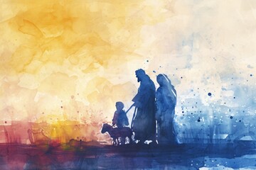 Abstract Watercolor Nativity Scene: Holy Family, Baby Jesus, Mary, Joseph. Christian Christmas Illustration with Copy Space.