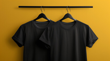 Men's black blank T-shirt template, two sides, natural shape on invisible mannequin, for your design mockup for print, isolated on yellow background. Set Mockup of a white oversized t-shirt 3D