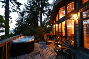 American Dream: Traditional Back Deck with Jacuzzi Tub, Tall Windows, and Cozy Furniture